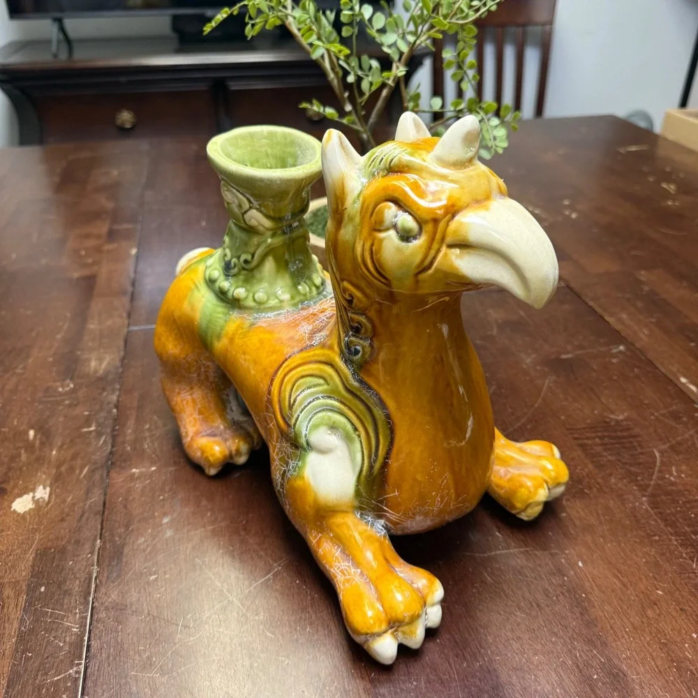 Vtg‎ Sancai Glaze Ceramic Crackle QILIN Griffin Statue Chinese Mythical Unicorn